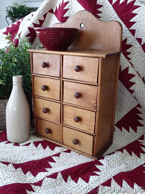 Beautiful Antique Wooden Spice Cabinet ~ 8 Drawers! #Country #handmade Old Spice Cabinet, Antique Spice Cabinet, Antique Small Cabinet, Wooden Garden Boxes, Primitive Apothecary Cabinet, Vintage Wood Spice Cabinet, Spice Cabinets, Primitive Wall Cupboard, Best Table Saw