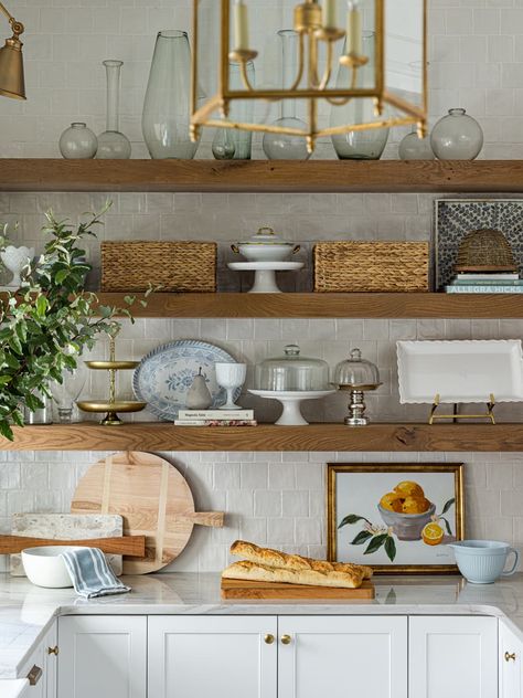 Kitchen wood open shelves with baskets, dishes, and glass vases with tile backsplash Pantry Open Shelves, Shelves With Baskets, Wood Open Shelves, Biggest Kitchen, Pantry Interior, Rough Hewn Wood, Bold Kitchen, Countertop Appliances, Kitchen Refresh