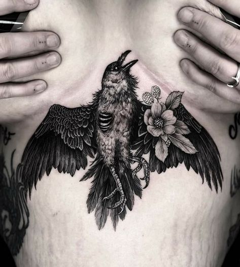 Dead Bird Tattoo, Dead Bird, Witch Tattoo, Gothic Tattoo, Stomach Tattoos, Sternum Tattoo, Dark Art Tattoo, Bird Tattoo, Black Ink Tattoos