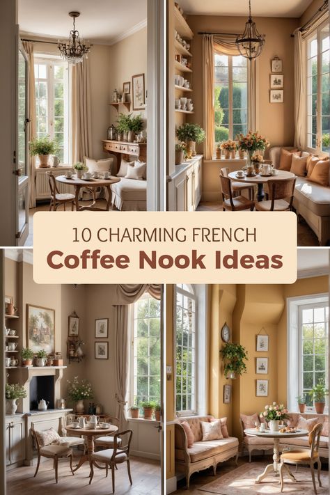 Stylish French country coffee nooks featuring 4 unique images illustrating rustic decor, floral arrangements, and warm color palettes, perfect for anyone looking to create a calming coffee corner at home. Coffee House Kitchen Ideas, Coffee Nook In Dining Room, French Country Coffee Bar Ideas, French Country Kitchen Nook, Keeping Room Off Kitchen Seating Areas, French Country Breakfast Nook Ideas, Breakfast Nook With Coffee Bar, Coffee Sitting Area In Kitchen, Coffee Room In House