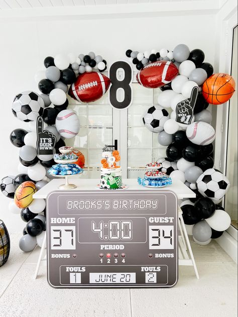 Sports Birthday Balloon Arch, Sports Birthday Balloons, All Sports Themed Birthday Party Ideas, Ball Theme 2nd Birthday Party, Sporty Birthday Party Ideas, Sports Balloon Garland, 8 Year Boy Birthday Party Themes, Boy 7th Birthday Party Ideas, Sports First Birthday Party