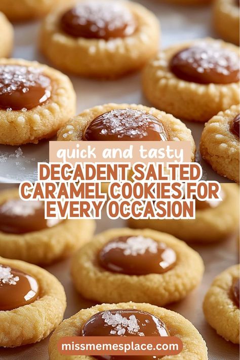 Treat yourself and your loved ones to decadent salted caramel cookies that are perfect for every occasion. These thumbprint cookies boast a rich, buttery texture with a luscious salted caramel filling that melts in your mouth. Easy to make and delightful to eat, they are ideal for holiday gatherings, birthday celebrations, or just a sweet indulgence after dinner. Learn how to create these mouthwatering cookies that combine sweet caramel and a hint of salt Caramel Filled Chocolate Cookies, Carmel Thumbprint Cookie, Carmel Chips Cookies, Salted Caramel Thumbprint Cookies, Caramel Sugar Cookies, Easy Thumbprint Cookie Recipes, Salted Caramel Pretzel Cookies, Caramel Christmas Treats, Small Cookie Recipe