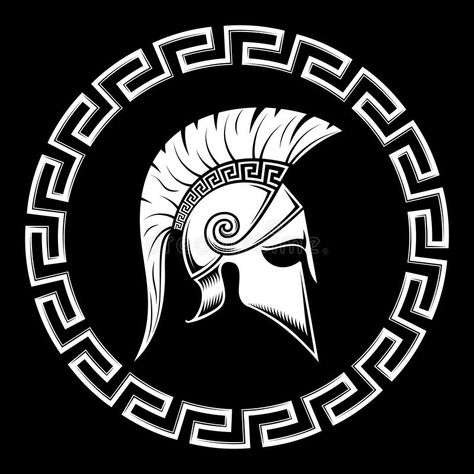 Illustration about WARRIOR OF SPARTA, Spartan shield, meander, helmet on a black background. Illustration of protection, graphic, banner - 93259706 Sparta Symbol, Spartan Helmet Tattoo, Spartan Shield, Greek Helmet, Spartan Logo, Helmet Tattoo, Spartan Tattoo, Warrior Logo, Crown Art