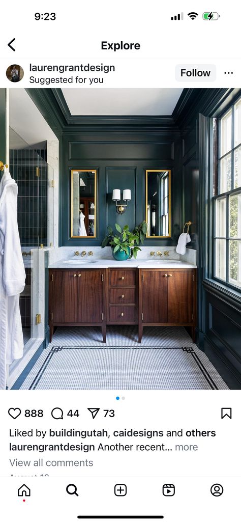 Emerald Green And Gold Bathroom, Dark Green Bathroom Ideas, Green Powder Room, Emerald Green Bathroom, Dark Green Bathroom, Dark Green Tile, Green Bathroom Ideas, Dark Green Bathrooms, Moody Bathroom