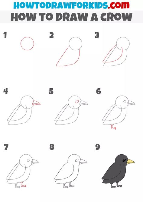 How to Draw a Crow - Easy Drawing Tutorial For Kids How To Draw A Sparrow Step By Step, Cute Crows Drawing, How To Draw A Crow Step By Step Easy, How To Draw A Crow Step By Step, Crow Doodle Easy, How To Draw Crow, Crow Drawing Reference, How To Draw A Raven, Crow Drawing Easy