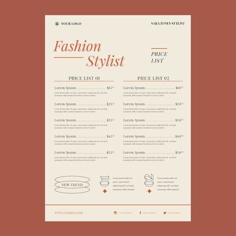 Fashion stylist price list template | Free Vector #Freepik #freevector #description #list-template #list #fashion-template Fashion Stylist Logo, Price List Design Templates, Template List, Price List Design, Fashion Template, Price List Template, List Design, List Template, Psd Icon