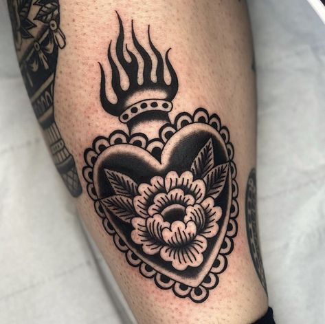 Traditional Heart Tattoo Black, American Traditional Shin Tattoo, Sacred Hearts Tattoo, American Traditional Patchwork, American Traditional Sacred Heart Tattoo, Trad Heart Tattoo, Sacred Heart Tattoo Traditional, American Traditional Heart Tattoo, Traditional Sacred Heart Tattoo