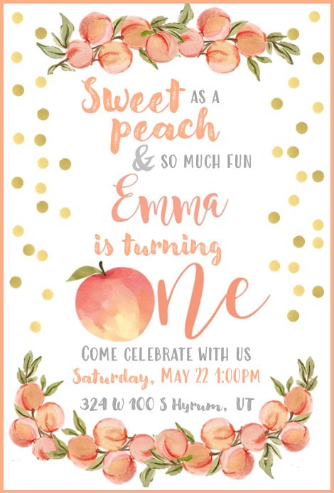 Peach First Birthday Invitation, Peaches 1st Birthday Party, August 1st Birthday Girl, First Birthday One Sweet Peach, First Birthday Themes August, One Sweet Peach Birthday Invitations, One Sweet Peach Invitations, 1 Sweet Peach Birthday, Peachy First Birthday