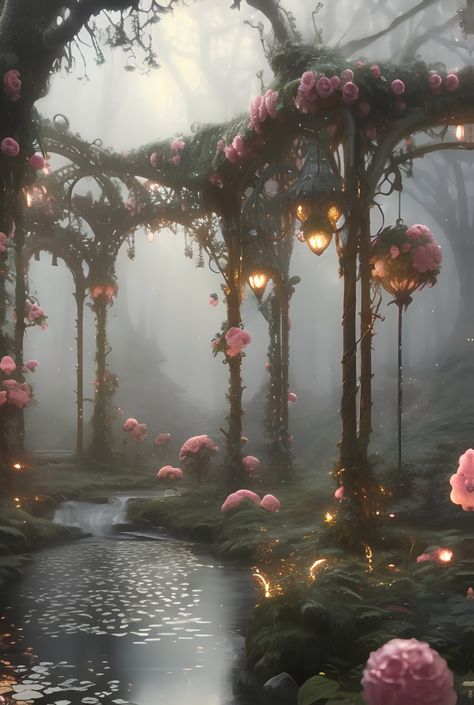 Sage Green And Light Pink Aesthetic, Fae Background, Magical Fairy Aesthetic, Fairy Land Magical Forest Aesthetic, Pink Forest Aesthetic, Dark Forest Fairy Aesthetic, Spring Fairy Aesthetic, Fairy Magic Aesthetic, Pink Fantasy Aesthetic