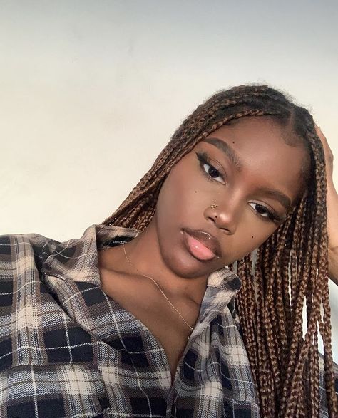 Brown Braids On Dark Skin Women, Brown Box Braids On Dark Skin, Light Brown Braids On Dark Skin, Honey Brown Braids On Dark Skin, Coloured Box Braids Dark Skin, Dark Brown Braids For Black Women, Braids On Dark Skin Women, Braids For Dark Skin Women, Color Braids On Dark Skin Women