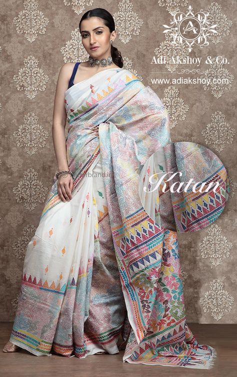 Saree Varieties, Kantha Stitch Saree, Kantha Work Sarees, Phulkari Saree, Baluchari Saree, New Fashion Saree, Katan Saree, Long Blouse Designs, Saree Tassels Designs