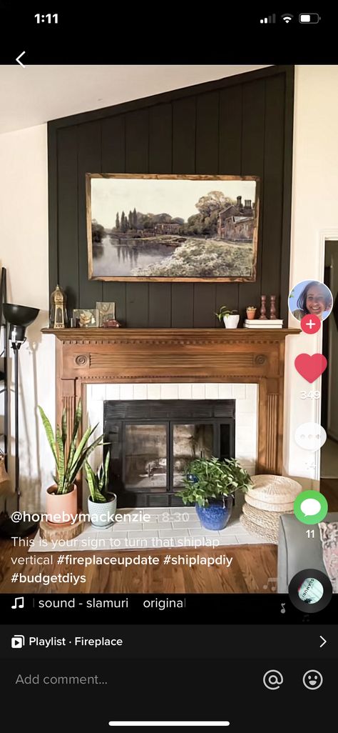 Painted Brick Fireplace With Wood Mantel, Dark Green Mantle Fireplace, Refinished Fireplace Mantle, Mantle Paint Colors, Green Tile Fireplace Living Room, Wood Mantel Surround Fireplace, Living Room Remodel With Fireplace, Fireplace With Tv Decor Ideas, Cottage Core Fireplace Mantle