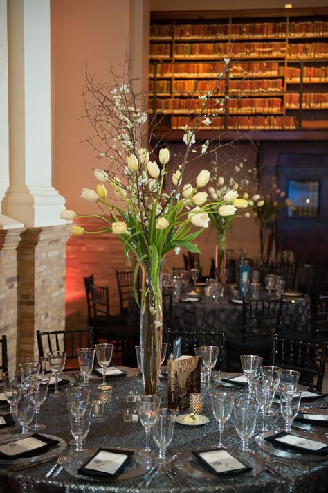 Tulip Centerpieces Tulip Centerpieces, Sweetheart Table Chairs, Boston Winter, Tulip Centerpiece, Winter Wedding Ideas, Tulip Wedding, Simple Wedding Flowers, Snowflakes Falling, Library Wedding