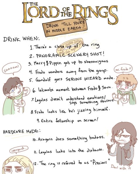 LORD OF THE RINGS drink till' you're in middle earth Into The West, Drinking Game, The Lord Of The Rings, Drinking Games, Nerd Alert, Geek Out, Middle Earth, The Rings, Tolkien