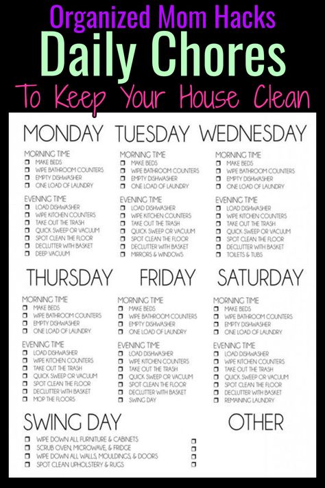 Organized mom hacks - daily chores to keep house clean - daily cleaning schedule for moms - both stay at home moms and working moms - printable cleaning checklist Daily Cleaning Routine, Easy Cleaning Schedule, Housekeeping Schedule, Daily Cleaning Schedule, Monthly Cleaning Schedule, Keep Your House Clean, Deep Cleaning Hacks, Cleaning Schedule Printable, Clean House Schedule