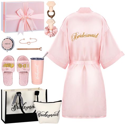 PRICES MAY VARY. Nice Matching Set: you will receive 14 pcs bridesmaid gifts including a short satin robe, a bridesmaid tote bag and a makeup bag, a pair of bridesmaids wedding slippers, a bridesmaid gift box with 10g raffia, a stainless steel vacuum cup, 2 pink coil hair ties, 3 rib woven hand ropes, a rose gold bangle, a diamond pen and a makeup mirror Ideal bridesmaid Gifts: the short satin robe, tote bag, makeup bag, stainless steel vacuum cup and makeup mirror are printed the words [bridesm Gifts From Bride To Bridesmaids, Wedding Bridesmaid Proposal Gift Ideas, Ideas For Asking Bridesmaids, What To Put In A Bridesmaid Gift Boxes, Bridesmaid Giveaways, Bridesmaids Day Of Gifts, Bridesmaid Bags Ideas Wedding Day, Bridesmaid Gifts Day Of Wedding, Bridesmaid Proposal Ideas Cheap