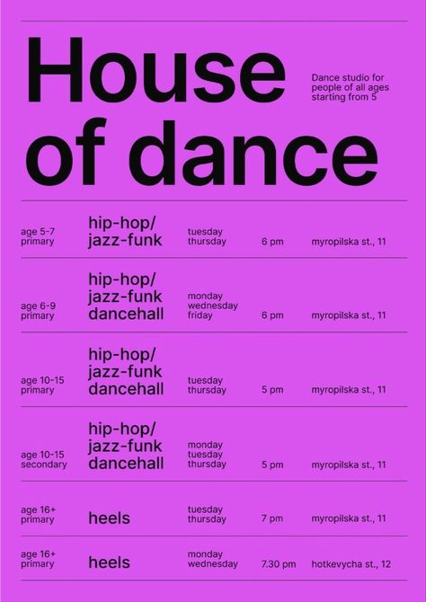 Schedule for a dance studio in swiss style. Get a creative website https://instagram.com/anastasia_web_d?utm_medium=copy_link Swiss Design Poster, Instagram Schedule, Swiss Style, House Dance, Creative Website, Jazz Funk, Swiss Design, Schedule Design, Hip Hop Dance