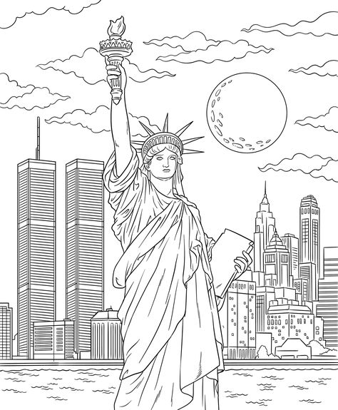 Nyc Coloring Pages, New York Coloring Pages, City Coloring Pages, Statue Of Liberty Drawing, Color Theory Art, Family Coloring Pages, Beautiful Summer Wallpaper, Adult Coloring Books Printables, Perspective Drawing Architecture