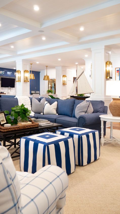 Lake House Decor Living Room, Creative Cushions, Lake House Family Room, Boathouse Design, Navy Living Rooms, Store Decoration, Private Lake, Elevated Home, Nautical Living Room