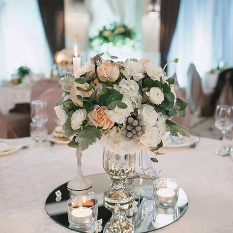 25 Wedding Centerpiece Ideas You'll Love Mirror Trays, Mirror Candle Plate, Mirror Candle, Wedding Candles Table, Colorful Mirror, Wedding Mirror, Table Centerpiece Decorations, Centerpiece Wedding, Wedding Party Table