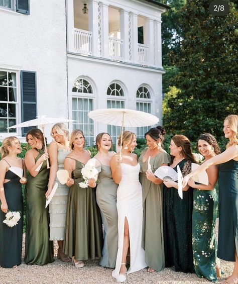 Natural Green Bridesmaid Dresses, Groomsmen And Bridesmaids Colors Spring, Mix And Match Neutral Bridesmaid Dresses, Different Shades Of Green Bridesmaid Dresses, Bridesmaid Mix And Match Dresses, August Bridesmaid Dresses, Wedding Pop Of Color, Different Green Bridesmaid Dresses, Bridesmaid Dresses Color Schemes