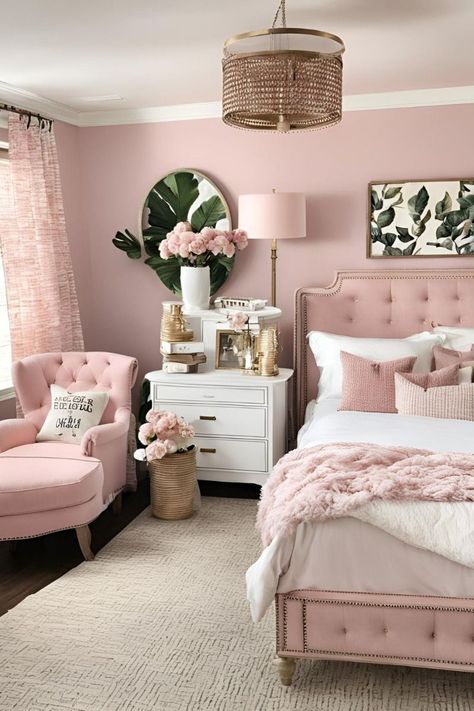 Adding a hint of femininity to your living area may be achieved with style and sophistication by designing an adult pink bedroom. Even though pink is sometimes connected to youth, with the correct tones and decorating options, it can make a sophisticated and adult style statement. We'll look at how to design a pink bedroom that feels opulent, fashionable, and ideal for grownups in this blog post. Champagne Pink Bedroom, Pink Accents In Bedroom, Minimalist Bedroom Women, Pink Bedroom Women, Pink Room Accents, Kids Pink Bedroom, Teen Pink Room, Pink White And Gold Bedroom, Beige And Pink Bedroom