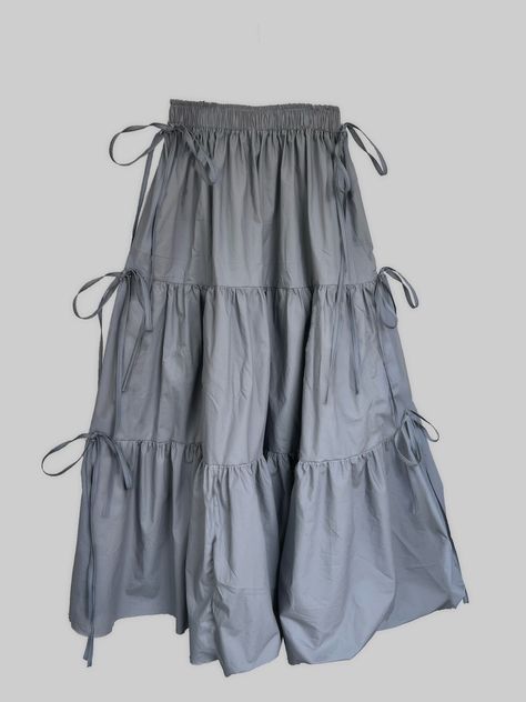 Grey ruffle skirt ribbons bows ties long Tie Ribbon Bow, Tiered Skirt Pattern, Ruffle Skirt Long, Ruffle Maxi Skirt, Bow Skirt, Tie Ribbon, Ribbon Skirts, How To Make Clothes, Skirt Long