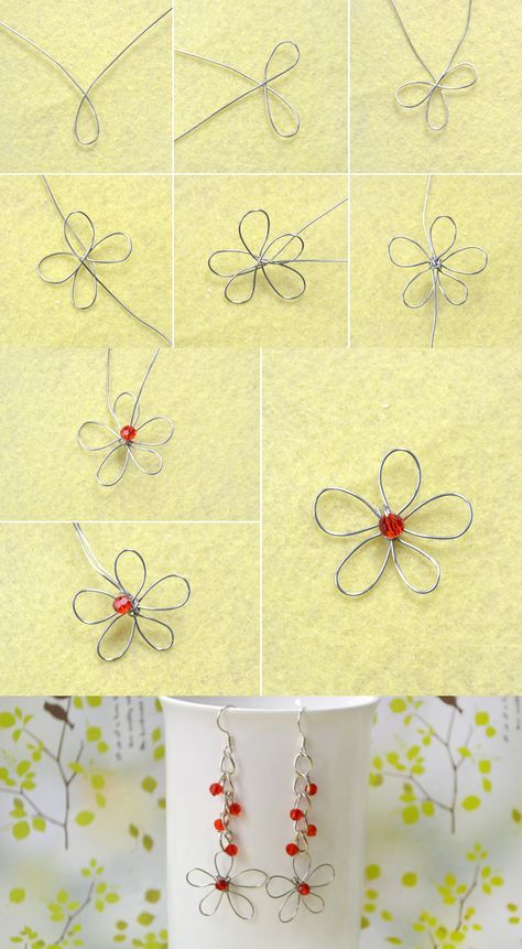 Tutorial for flower earrings making from LC.Pandahall.com Wire Flowers Diy How To Make, Wire Flower Earrings, Copper Wire Crafts, Diy Wire Earrings, Diy Jewelry Earrings, Bijoux Fil Aluminium, Wire Jewelry Tutorial, Earrings Making, Wire Flowers