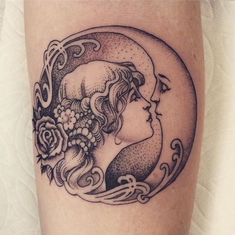 Unique Half Sleeve Tattoos, Art Deco Tattoo, Art Nouveau Tattoo, Line Tattoo Ideas, Nouveau Tattoo, Tatoo Inspiration, Armband Tattoos, Planet Tattoos, Moon Tattoo Designs