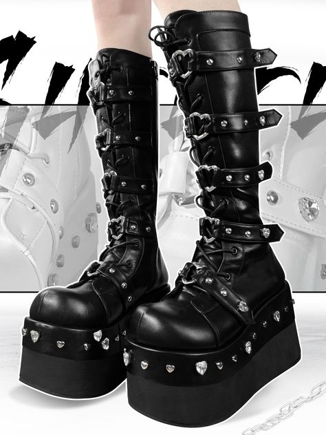 This price is for a pair of boots only, others are not included. Fabric:PUShoes Details:Buckle Straps / Lace-up Closure / Zip Closure at Sides  	 		 			Size 			34 			35 			36 			37 			38 			39 			40 		 		 			Foot Length 			22 			22.5 			23 			23.5 			24 			24.5 			25 		 		 			Heel 			10 			10 			10 			10 			10 			10 			10 Goth Platforms, Black And White Boots, Knee High Combat Boots, Mary Jane Platform Shoes, Goth Shoes, Goth Boots, Punk Shoes, Dr Shoes, Black Platform Boots