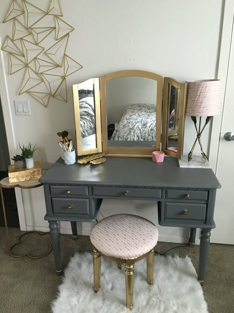 DIY vanity make over!  Spray painted my old black vanity matte grey and shiny gold. Upholstered my chair and lamp to match! Got some new coordinating nobs as well! All items purchased and Hobby Lobby, TJ Maxx, Plum Pretty Sugar - Brea,Ca and World Market! Repurposed Desk, Teen Bedroom Makeover, Glam Bar, Diy Vanity, Vanity Design, Teen Girl Bedroom, Bedroom Desk, Bedroom Renovation