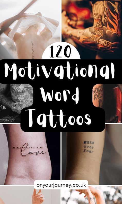 Inspirational Tattoos For Women Strength, Motivational Small Tattoos, Inspiring Word Tattoos For Women, Meaningful Word Tattoos Inspiration, Inspiring Word Tattoos, Tattoo Ideas Female Motivation, Strong Words Tattoos, Motivation Tattoo Ideas, Words Of Wisdom Tattoo Ideas