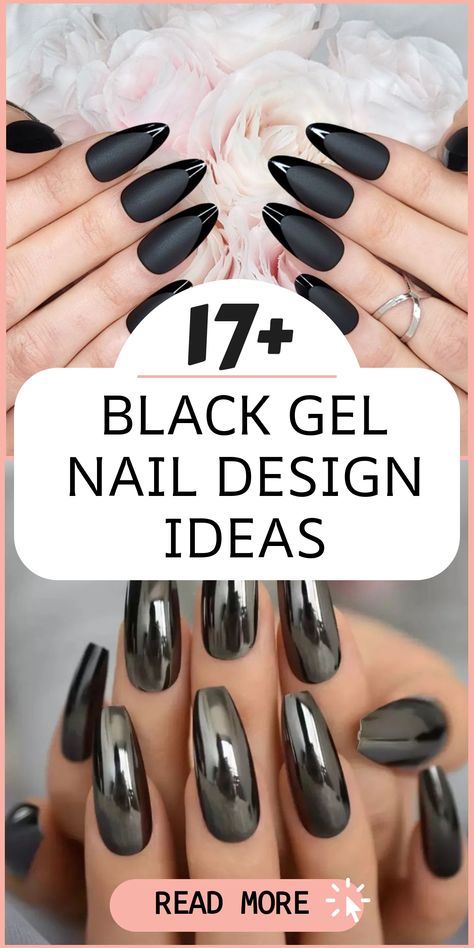 Enhance your nail style with elegant black gel nail designs that radiate sophistication and edgy charm. Choose from trendy options like matte black paired with metallic touches, glossy black adorned with shimmering rhinestones, or detailed black lace patterns for a daring manicure that makes a statement. Transform your nails into symbols of refinement and intrigue this season. Black Chrome Nails With Rhinestones, Black Textured Nail Designs, Goth Gel X Nails, Black Chrome Dip Powder Nails, Black Matte Nails With Rhinestones, Black Nails Matte Design, Black Nails With Pearl Chrome, Black And Silver Glitter Nail Designs, Black Nails New Years Eve