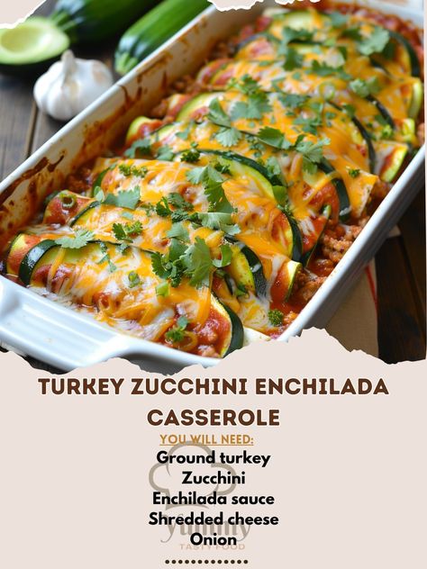 🌱🦃 Enjoy a healthier twist with our Turkey Zucchini Enchilada Casserole! #HealthyEats #EnchiladaCasserole Turkey Zucchini Enchilada Casserole Ingredients: Ground turkey (1 lb) Zucchini (2, thinly sliced) Enchilada sauce (1 can) Shredded cheese (2 cups) Onion (1, diced) Garlic (2 cloves, minced) Olive oil (1 tbsp) Salt and pepper (to taste) Instructions: Preheat oven to 375°F (190°C). Sauté onion and garlic in olive oil until soft. Add ground turkey, cooking until browned. Season with salt... Zucchini Enchilada Casserole, Garlic In Olive Oil, Turkey Zucchini, Turkey Cooking, Zucchini Enchiladas, Turkey Enchiladas, Cheese Bake, Zucchini Slice, Healthy Casseroles