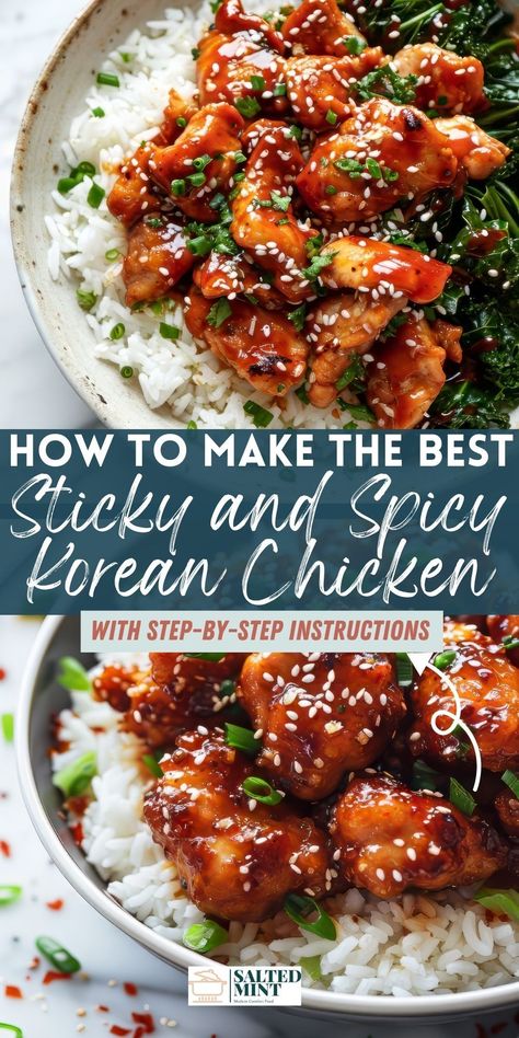 Whip up this Spicy Chicken recipe tonight! Crispy chicken breast meets spicy, sticky gochujang sauce in this healthy Korean dish that's perfect for easy family dinners. Sticky Korean Fried Chicken, Crispy Sticky Chicken, Sticky Chicken Sauce Recipe, Easy Chicken Recipes Asian, Chicken Dinner Recipes Asian, Korean Sticky Chicken Recipe, Healthy Sticky Chicken, Korean Style Crunchy Chicken, Week Day Dinners Easy Healthy