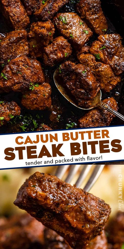 Cajun Garlic Butter Steak Bites - The Chunky Chef Steak Bites Marinade Recipes, Quick Easy Grill Meals, Special Dinner Ideas For Two, East College Dinners, Steak Healthy Dinner, Steak Bite Marinades, Steak Skillet Recipes, Out Of The Box Dinner Ideas, New Recipes To Try Most Popular