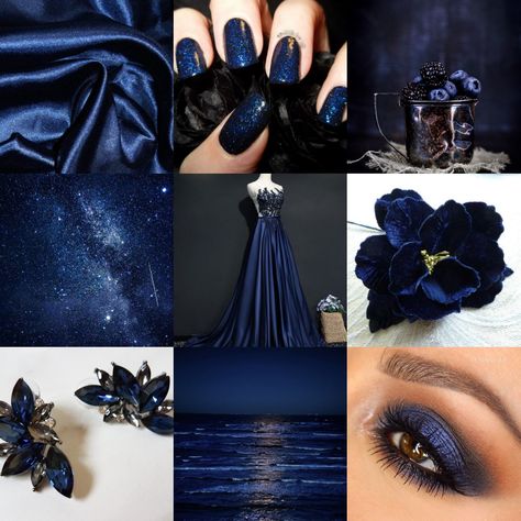 Bluish Black Aesthetic, Navy Blue Glitter Dresses, Navy Blue Princess Aesthetic, Dark Blue Accessories Aesthetic, Dark Blue Dresses Aesthetic, Royalty Blue Aesthetic, Midnight Blue And Black Wedding, Midnight Blue Outfit Aesthetic, Blue And Bronze Aesthetic