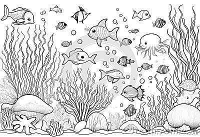 ai-generated-outline-drawing-coloring-page-underwater-theme-fish-sea-creatures-corals Nemo Fish Drawing, Under Sea Drawing, Under The Sea Doodles, Under The Sea Drawings, Underwater Drawing, Sea Drawing, Underwater Theme, Fish Sea, Summer Illustration