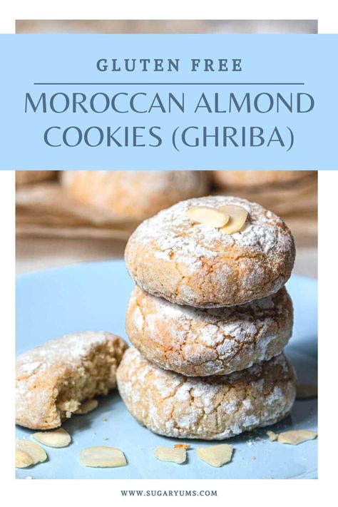 Gluten-free and grain free Moroccan Almond Cookies with a beautiful crinkle finish. They take only minutes to make and are so delicious, with hints of apricot jam and rosewater! Moroccan Cookies Recipe, Moroccan Biscuits, Moroccan Sweets, Moroccan Pastries, Moroccan Cookies, Moroccan Desserts, Maltese Recipes, Moroccan Cooking, Arabic Dessert