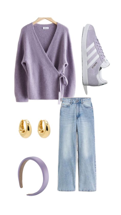 Lilac wrap sweater, gazelles, lilac headband #lilac #fashion #fashionmoodboard #fashionstyle #vintagestyle #oldmoneystyle #classystyle #fashioninspo #clothesinspo #collegeoutfits #universityoutfit #nightoutoutfit #partyoutfit #casualoutfit #casual #casual style #classyoutfit #heels #heelsout #bootsoutfit #chicoutfit #schooloutfit #dayoutfit #sweateroutfit #jumperoutfit #dressoutfit #dress #sequintop #top #clothesinspo #sweedishstyle #oldmoney #goldjewellery Lilac Dress Outfit, Lilac Fashion, Converse Fits, Lilac Sweater, October Outfits, University Outfit, Jumper Outfit, Night Out Outfit, Lilac Dress