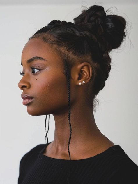 Braided Top Knot Bun, Hair Braid Bun Tutorial, Black Braid Styles, Box Braids Bun, Braided Buns, Bun Style, Hair Curling Tips, Big Braids, Ponytail Hairstyles Easy