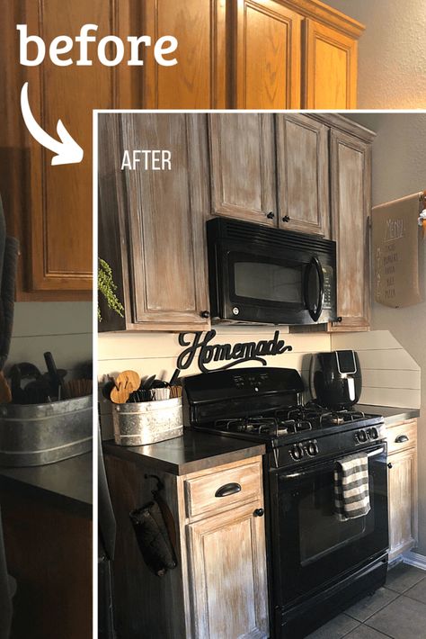 honey oak cabinets Archives - The DIY Vibe Distressed Kitchen Cabinets, Kitchen Cabinets Before And After, Redo Kitchen Cabinets, Cabin Remodel, Stained Kitchen Cabinets, Distressed Kitchen, Honey Oak Cabinets, Diy Organizer, Update Cabinets