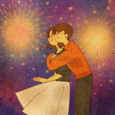 ♥ FIREWORKS ~  "It's so beautiful--like flowers blooming in the sky..."  ♥  by Puuung  https://www.facebook.com/puuung1?fref=ts  ♥ Puuung Love Is, Illustration Couple, Art Amour, Image Couple, Cute Couple Comics, Couple Illustration, Cute Love Cartoons, Love Illustration, Cute Couple Art