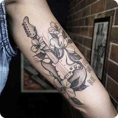 Guitar With Roses Drawing, Spanish Guitar Tattoo, Music Tattoo Sleeve Woman Design, Guitar With Flowers Tattoo, Guitar Memorial Tattoo, Music Inspired Tattoos For Women, Electric Guitar Tattoo, Music Is Life Tattoo, Guitar Tattoo Ideas