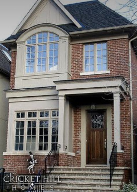 Red Brick House Exterior Trim Colors, Asymmetrical Colonial Exterior, Brick Front House, Orange Brick Houses, Brick House Exterior Makeover, Hill Homes, Steel Homes, Red Brick House Exterior, Red Brick Exteriors