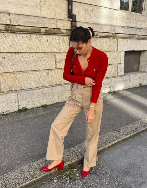 Red Business Casual Outfits, Red Cardigan Outfit Aesthetic, Red And Khaki Outfits, Red And Beige Outfit, Red Flats Outfit, Red Shirt Outfits, Cardigan Outfit Aesthetic, Red Sweater Outfit, Khakis Outfit