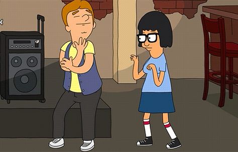 Pin for Later: Tina Belcher's 26-Step Guide to Being a Smart, Strong, Sensual Woman If You Have a Crush, Go For It "I am both attracted to and intimidated by Jimmy Jr.'s interpretive mating dance." Tina And Jimmy Jr Costume, Tina And Jimmy Jr, Bobs Burgers Gif, Tina Belcher Quotes, Jimmy Jr, Jimmy Junior, Belcher Family, Bobs Burgers Tina, Shut Up And Dance