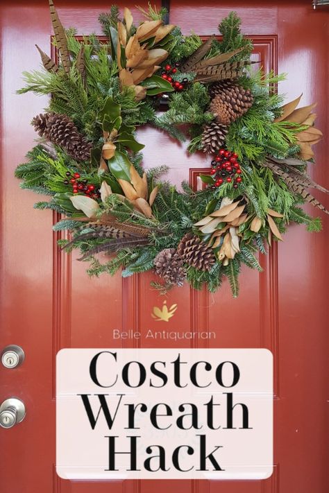 Costco Wreath Hack – Belle Antiquarian  #christmaswreaths #christmasdecor #ChristmasDIY #DIYChristmas #wreath Outdoor Christmas Wreaths Michaels Stores, Costco Christmas Wreath, Large Christmas Wreath Michaels Stores, Wreath Making Party, Fresh Wreath, Pheasant Feathers, Outdoor Wreaths, Magnolia Leaves, Xmas Wreaths