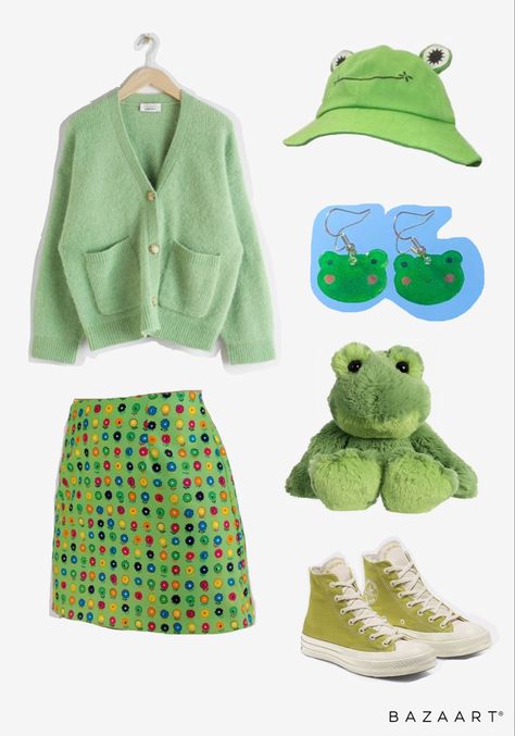 Kawaii Frog Outfit, Cute Frog Clothes, Frogcore Aesthetic Outfits, Cute Frog Outfits, Frog Themed Outfit, Frogcore Outfits, Frog Aesthetic Outfit, Frog Outfit Aesthetic, Frog Inspired Outfit