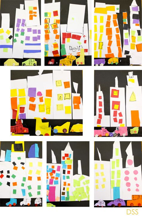 Skyscraper-art-project - I love this art lesson from Deep Space Sparkle! Neighborhood Art Preschool, Building Ideas For Preschoolers, Building Study For Preschool, Preschool City Theme, Building Unit Preschool Art Projects, Preschool Construction Theme Art, Preschool Building Crafts, Building Art Preschool, Building Projects For Preschoolers